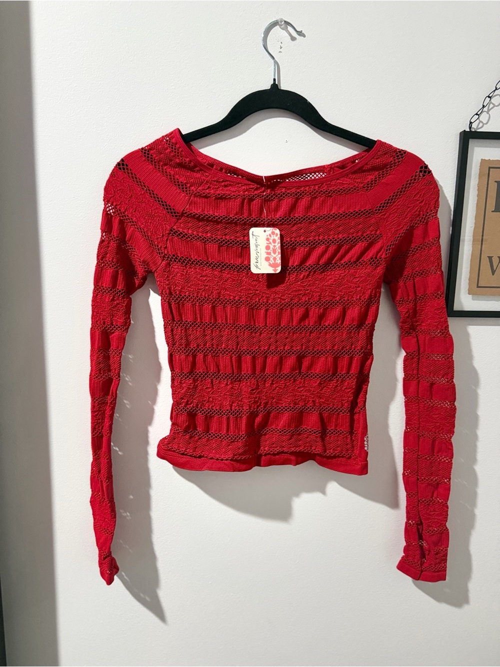 Free People Red Openwork Long Sleeve Top